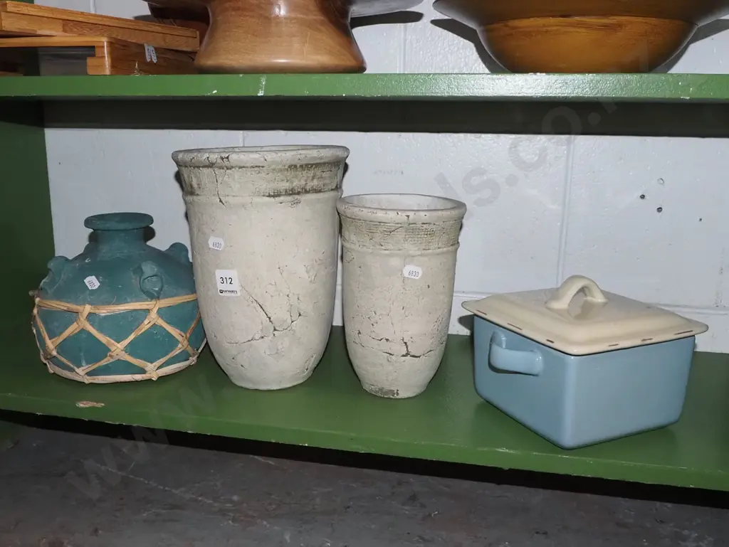 2x terracotta vases, bottle, ceramic lidded box Image 1++