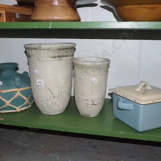 2x terracotta vases, bottle, ceramic lidded box