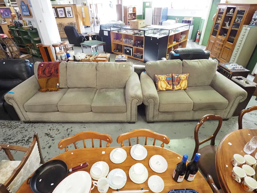 taupe upholstered rolled arm lounge suite with dome decorated fronts - 3 seater and 2 seater Image 1++