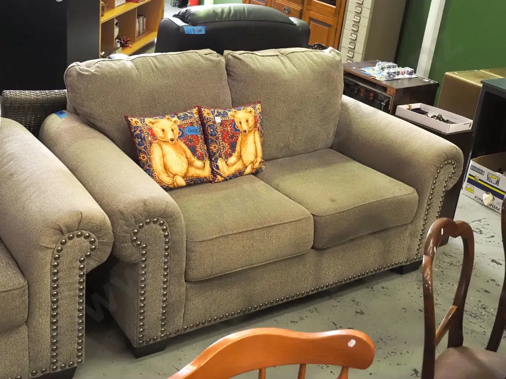 taupe upholstered rolled arm lounge suite with dome decorated fronts - 3 seater and 2 seater Image 1++