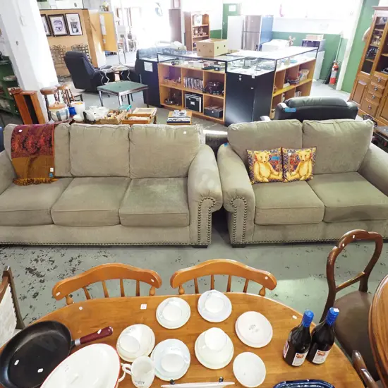 taupe upholstered rolled arm lounge suite with dome decorated fronts - 3 seater and 2 seater