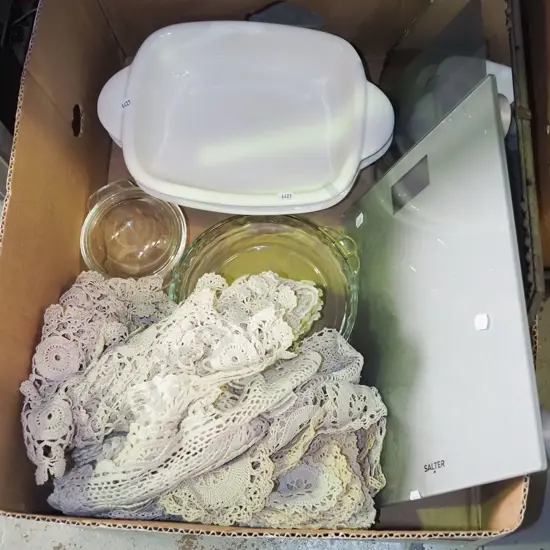 box; baking dishes, scales, doillies etc