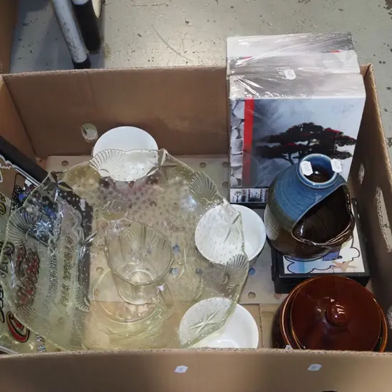 box; salt pig, wall art, glass bowl etc