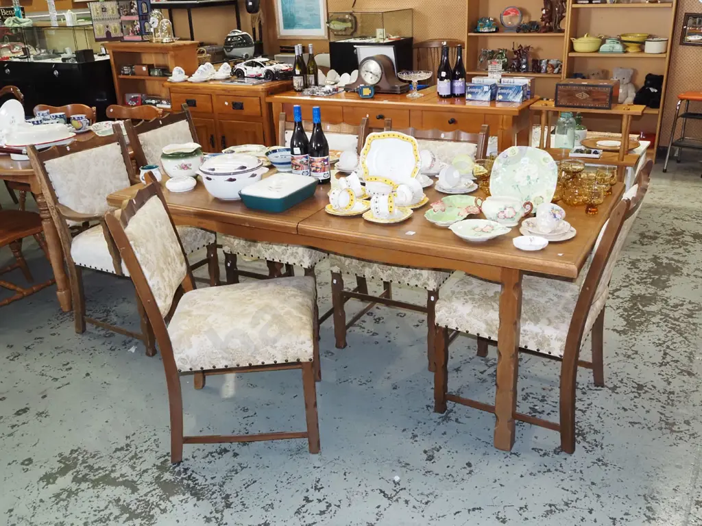 mahogany veneer extending dining table with 6 matching upholstered chairs including 2x carvers H735 W1840 D860 Image 1++