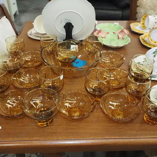 amber glass sweet set and glasses- chip to large bowl