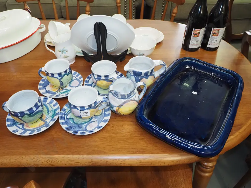 large pottery blue glazed platter, studio pottery coffee cups, saucers etc Image 1++