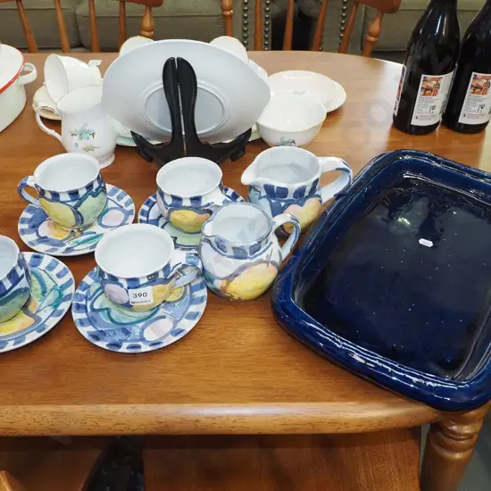 large pottery blue glazed platter, studio pottery coffee cups, saucers etc