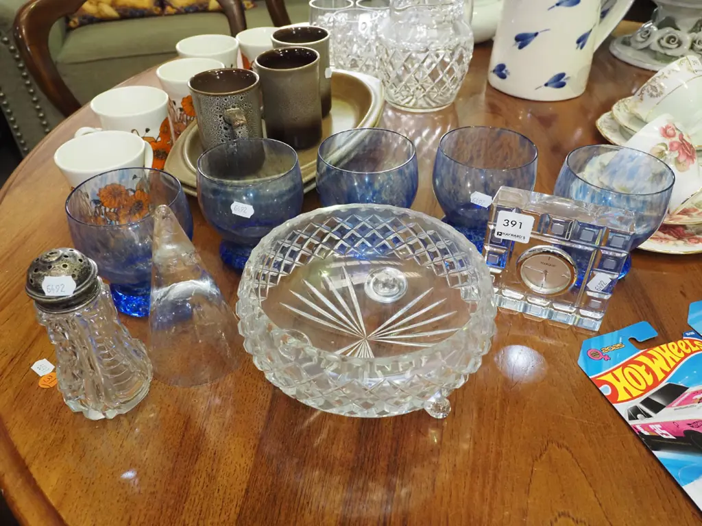 crystal mantle clock, mottled blue glass tumblers, footed crystal salad bowl etc Image 1++