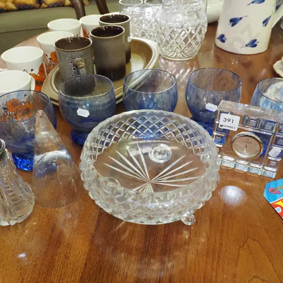 crystal mantle clock, mottled blue glass tumblers, footed crystal salad bowl etc