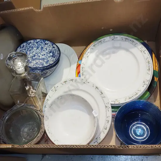 box; plates, bowls, stoppered decanter etc