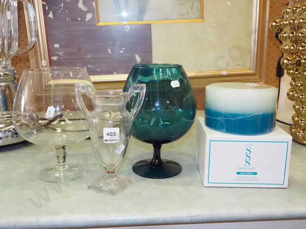 2x large brandy balloons, candle, ewer vase Image 1++