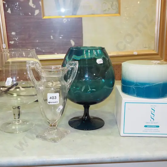 2x large brandy balloons, candle, ewer vase