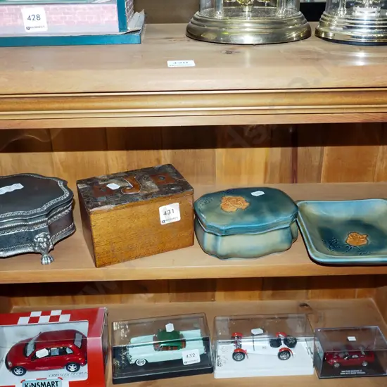 shelf; trinket boxes, ring, Wade ring dish