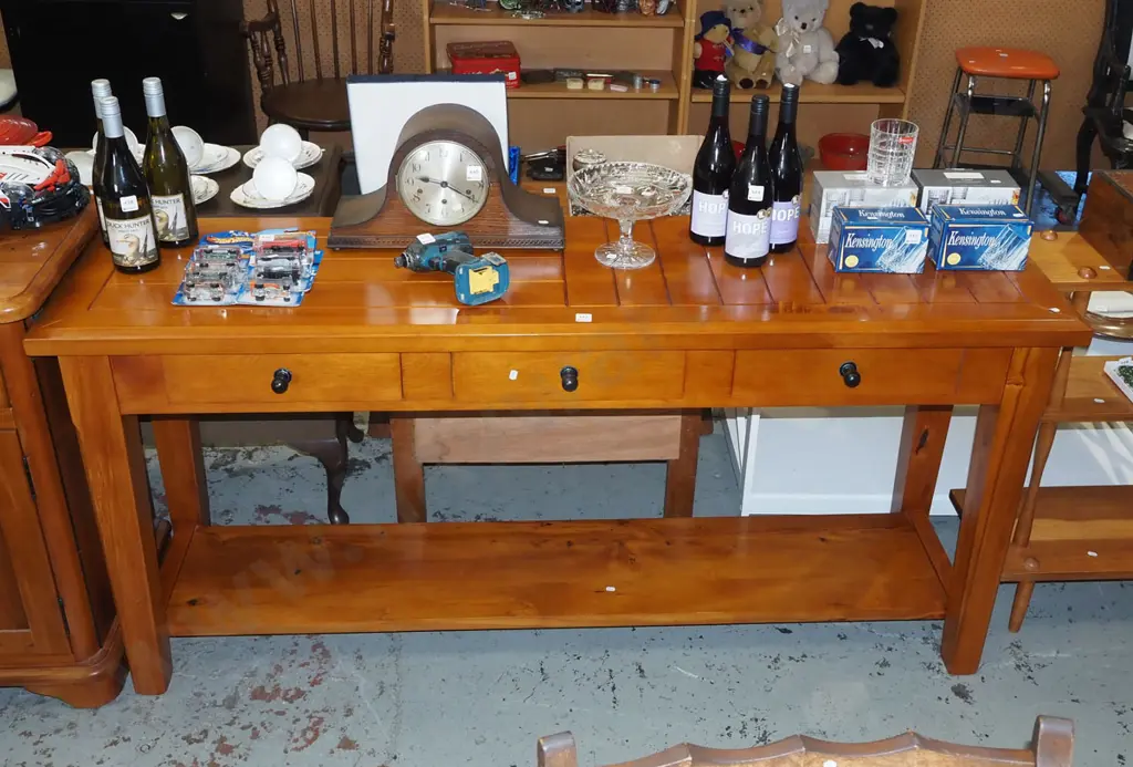 rimu 3 drawer 2 tier hall table - excellent condition H800 W1720 D450 Image 1++