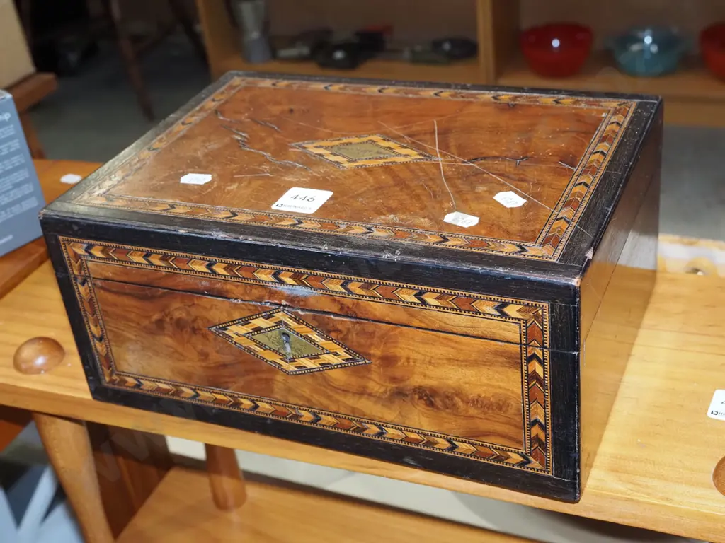 restorer's chevron inlay walnut veneer sewing box Image 1++