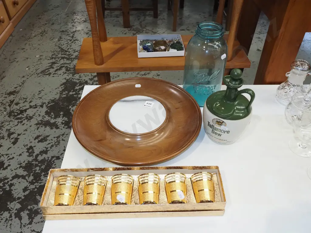 marble and turned wood serving tray, tumbler set, blue glass jar etc Image 1++
