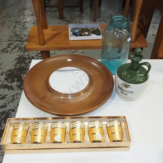 marble and turned wood serving tray, tumbler set, blue glass jar etc