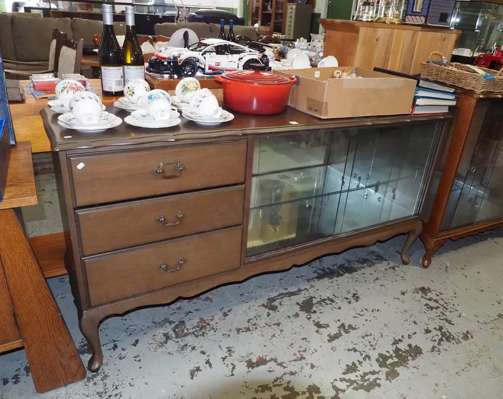 mdf faux wood dark stained veneer cab leg sideboard/china cabinet with 3 solid and 2 glazed doors H790 W1550 D390 Image 1++