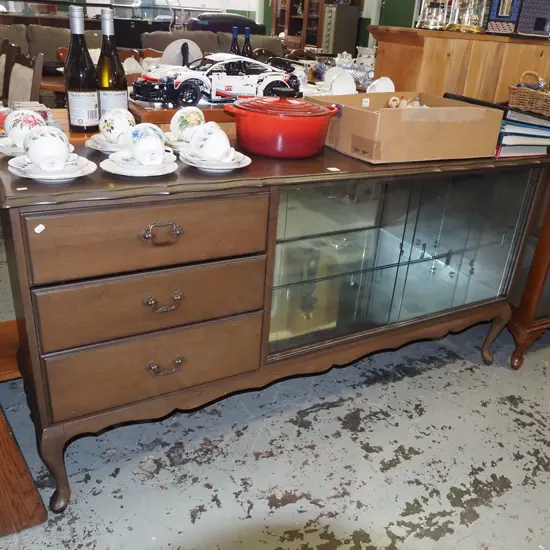 mdf faux wood dark stained veneer cab leg sideboard/china cabinet with 3 solid and 2 glazed doors H790 W1550 D390