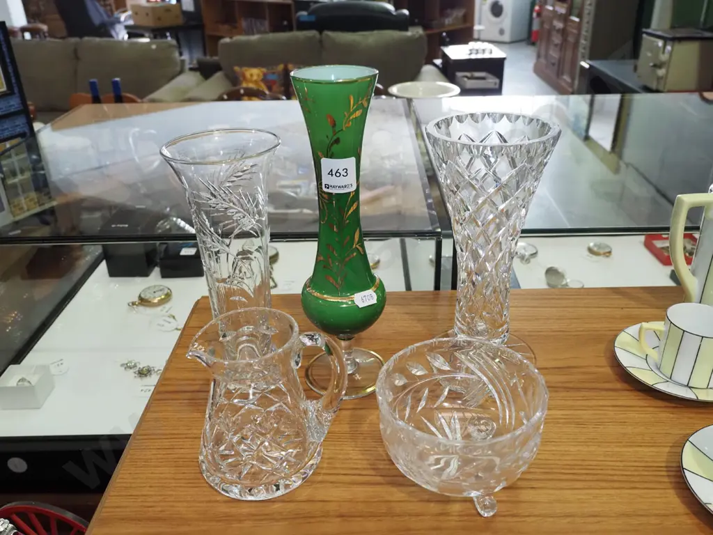 gilt and green vase, crystal vases, footed bowl etc Image 1++