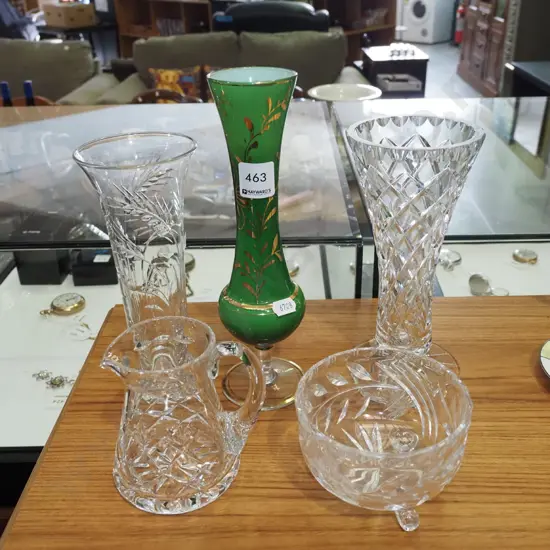 gilt and green vase, crystal vases, footed bowl etc