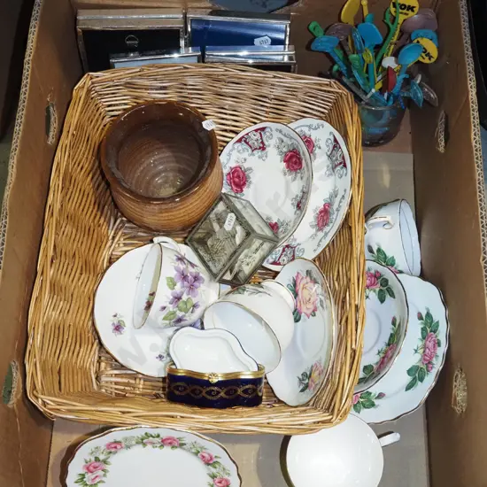 box; swivel sticks, photo frames, cane baskets etc