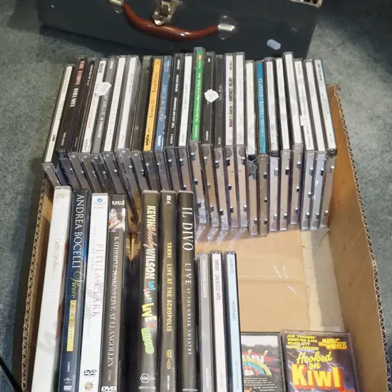 box; CDs, DVDs, tape cassettes