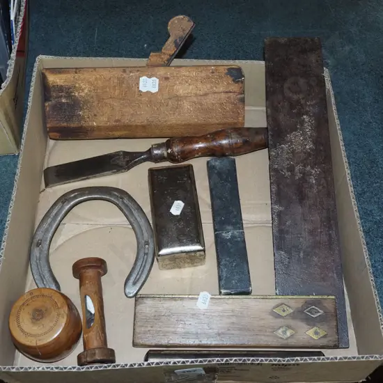 box; builders square, chisel, moulding plane etc