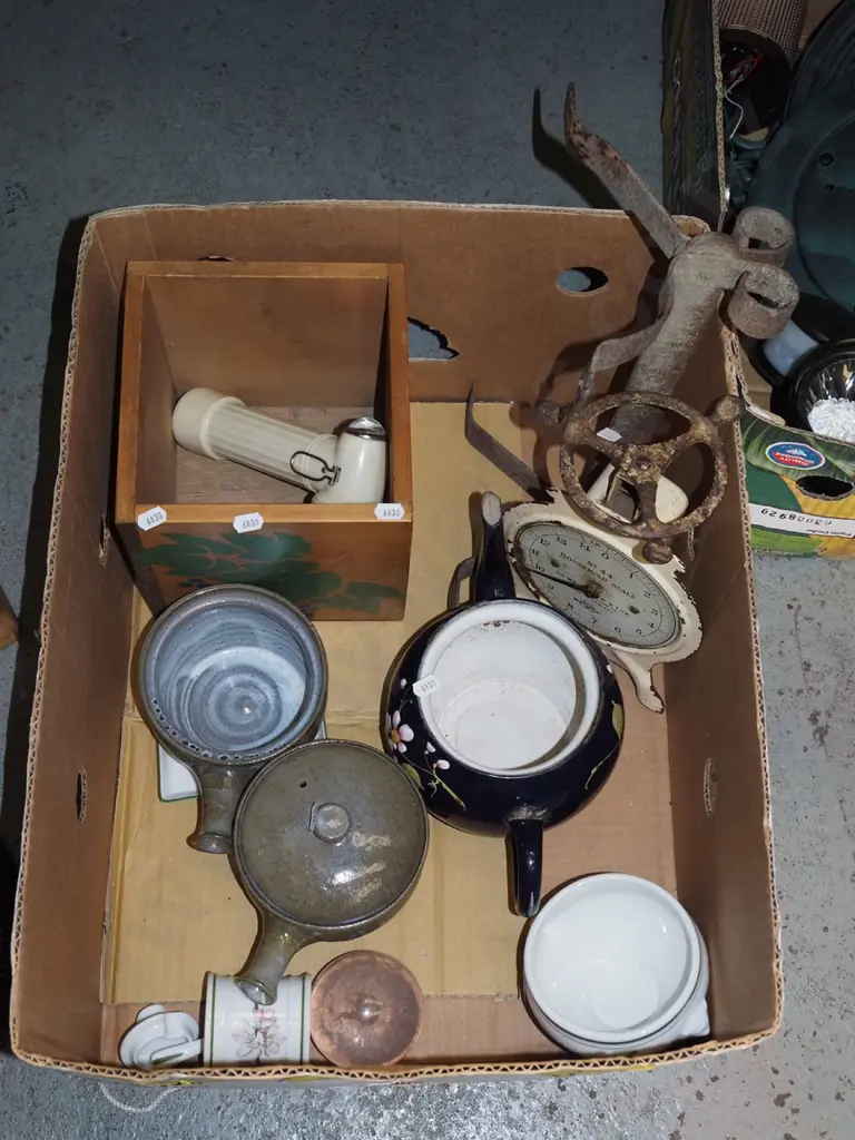 box; part vintage scales, rusty boot scraper, soup bowls etc Image 1++