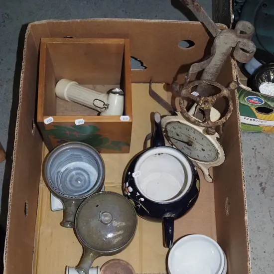 box; part vintage scales, rusty boot scraper, soup bowls etc