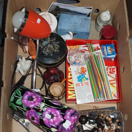 box; tins, clamp adjustable, toys etc