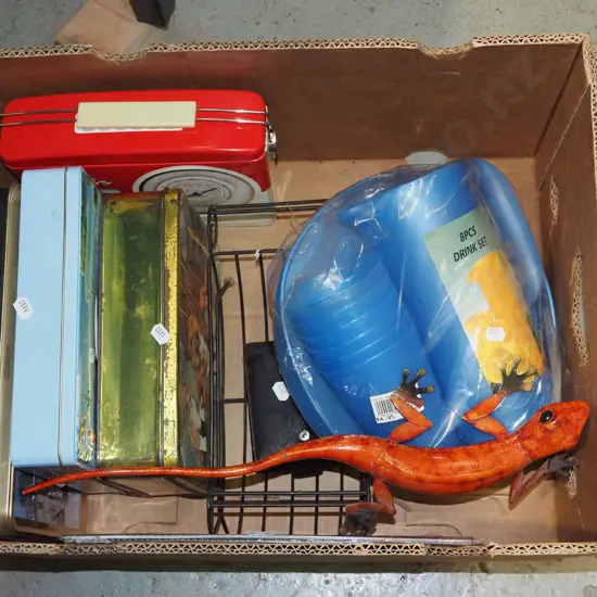 box; tins, metal lizard figurine, drinks set etc