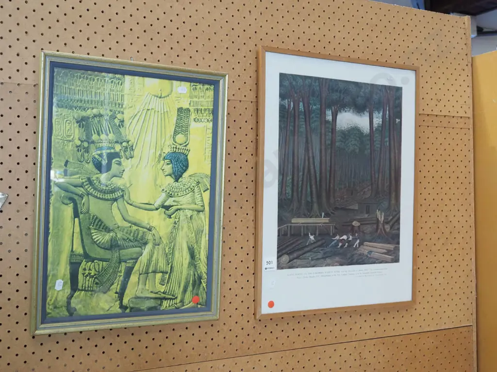 framed Egyptian print, historic NZ kauri harvesting print - red dots Image 1++