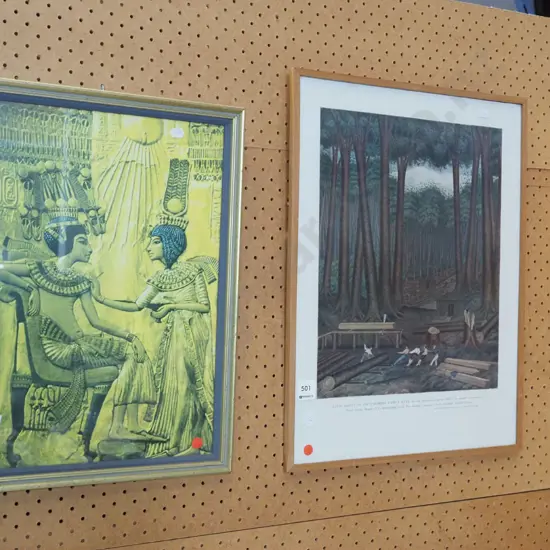 framed Egyptian print, historic NZ kauri harvesting print - red dots