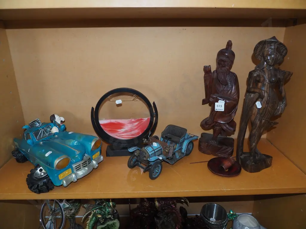 shelf; sand art, model vehicles, carved wooden Asian figurines Tallest H370 Image 1++