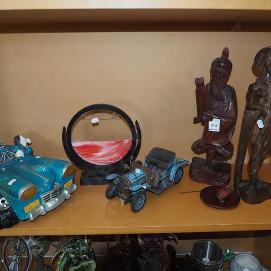 shelf; sand art, model vehicles, carved wooden Asian figurines Tallest H370