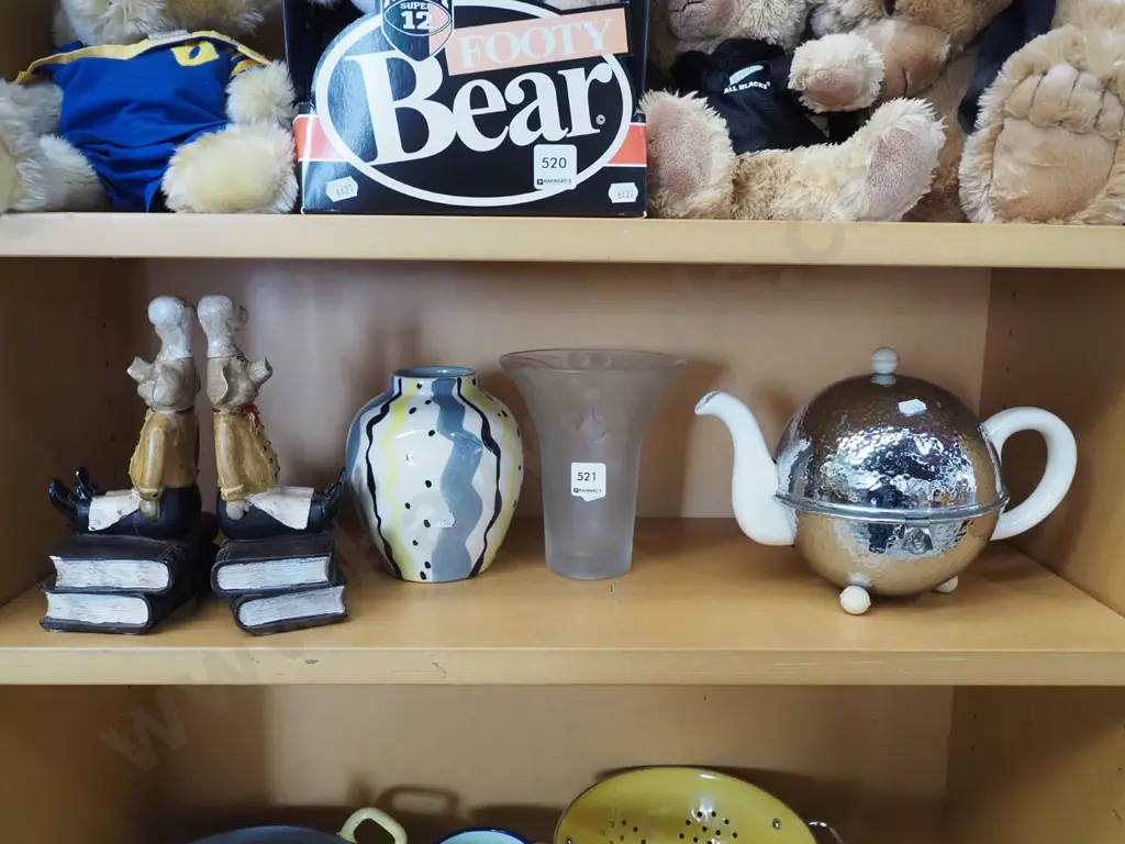 deco ceramic and chrome tea pot - some crazing, vases, 2x chef pig bookends - 1 has repair Image 1++