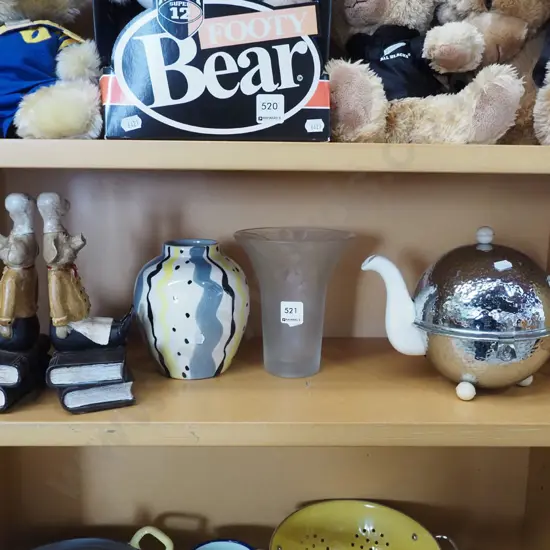 deco ceramic and chrome tea pot - some crazing, vases, 2x chef pig bookends - 1 has repair