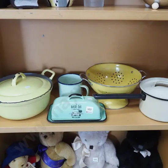 shelf of enamel ware