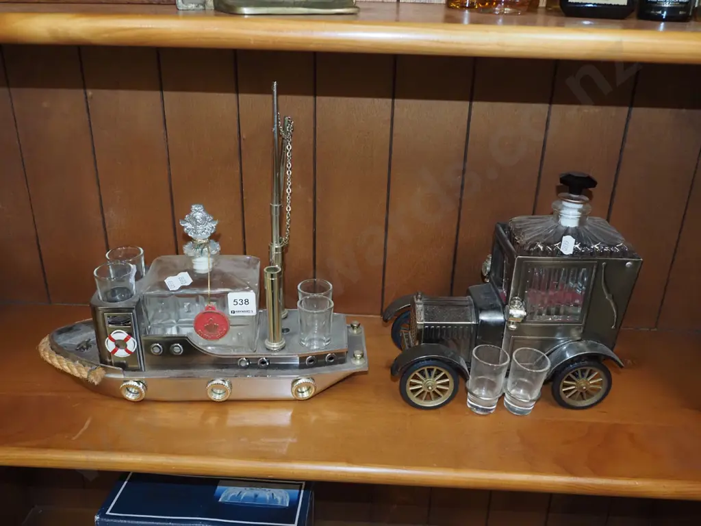 2x novelty decanters - ship, car Image 1++