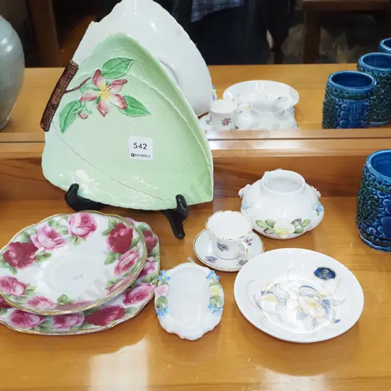 Carlton Ware leaf dish, miniature cup, saucer, Coalport dish etc