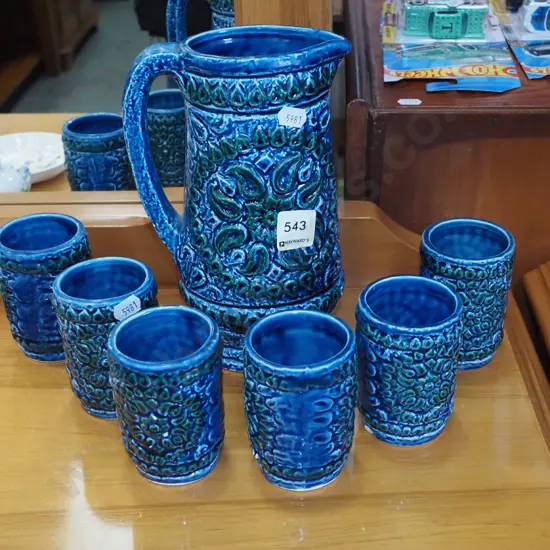 retro blue water jug and tumblers Jug H215