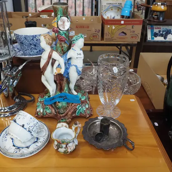 Majolica candlesticks - many repairs, crystal, vase candlestick etc
