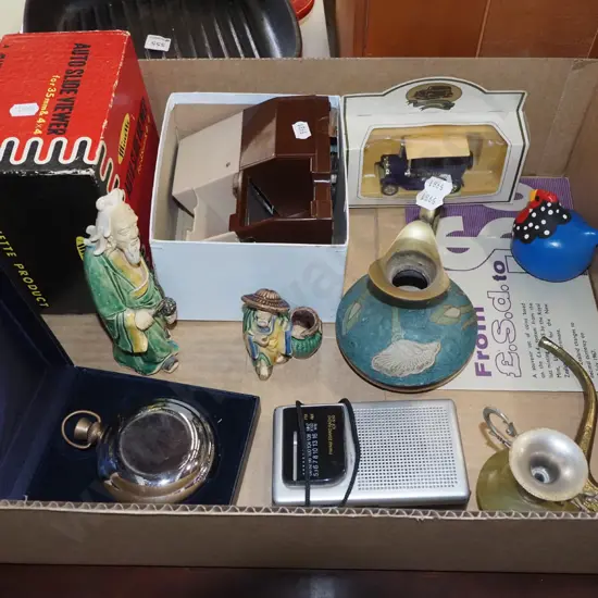 box; slide viewer, small hip flask, radio etc