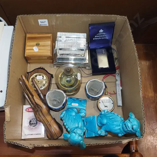 box; foo dogs, playing cards, wooden ring hand etc