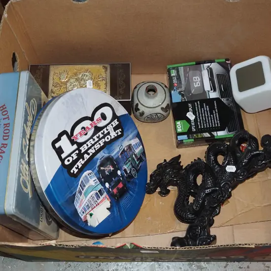 box; dragon figurine, tin, jewellery box etc