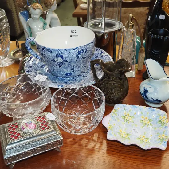 large Maling cup and saucer, crystal bowls, trinket box etc
