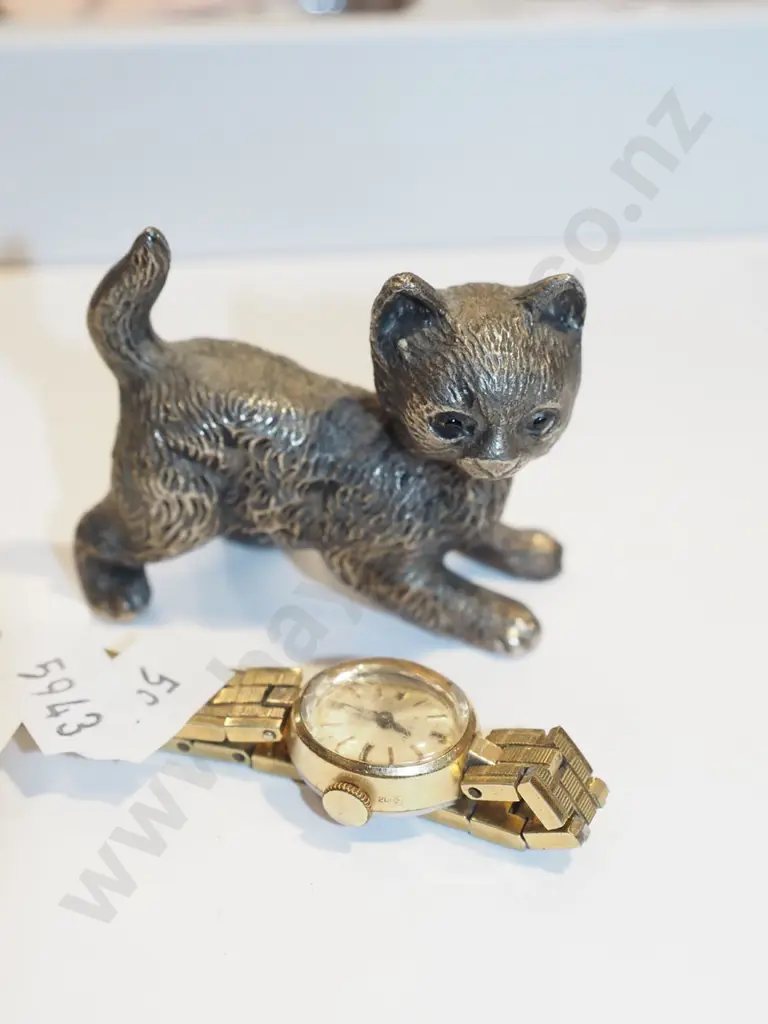 small cast metal cat figurine, ladies wristwatch Image 1++