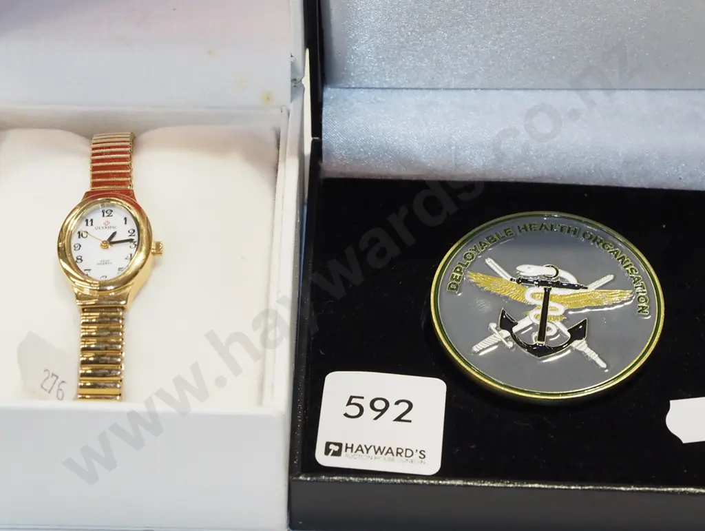 cased ladies Olympic wristwatch, Deployabe Health Organisation military presentation medallion Image 1++
