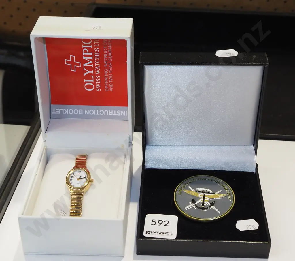 cased ladies Olympic wristwatch, Deployabe Health Organisation military presentation medallion Image 1++